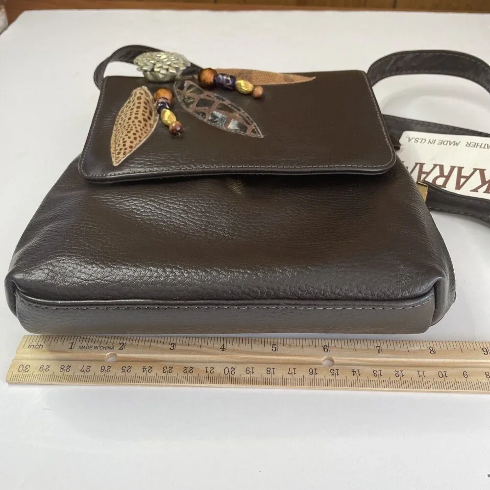NWT Karam Genuine Leather Crossbody Purse Handbag Brown‎ Floral 3D Adjustable